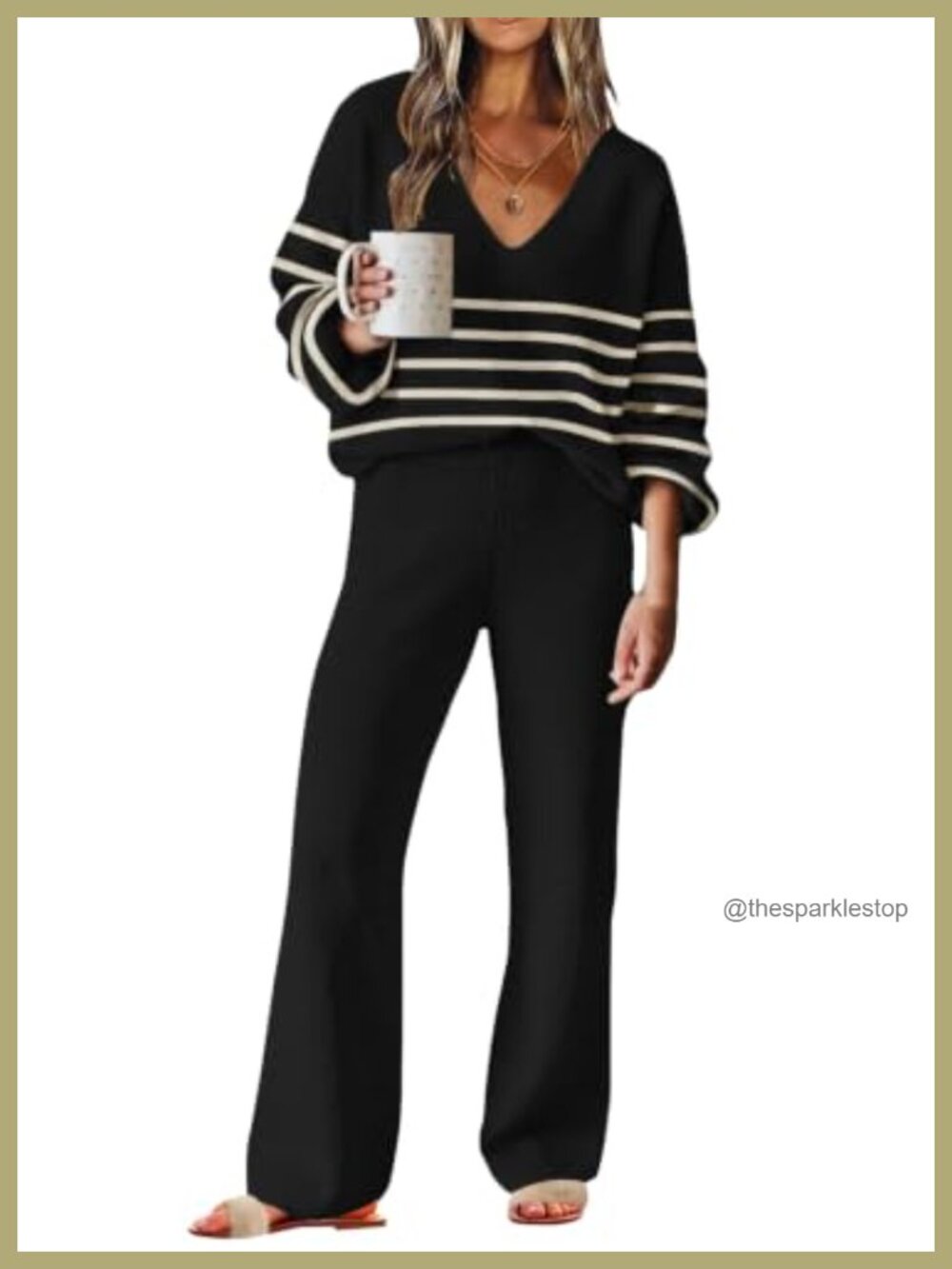 Womens 2 Piece Sweater Lounge Set V Neck Knit Pajama Set